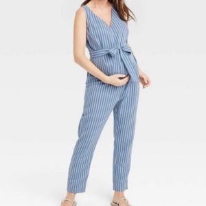 The Nines by HATCH Sleeveless Tie Maternity Jumpsuit Blue Striped Linen Blend